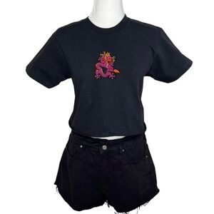 J Galt Brandy Melville Helen Dragon Embroidered Cropped Baby Tee Black One Size